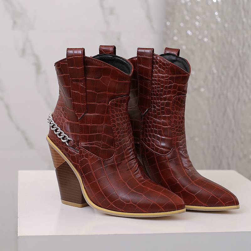 Krazing Pot Polyurethane Autumn Winter Shoes 47 Size 48 Super Size Wedges Pointed Toe Lace Up Serpentine Metal Chains Fashion Ankle Boots