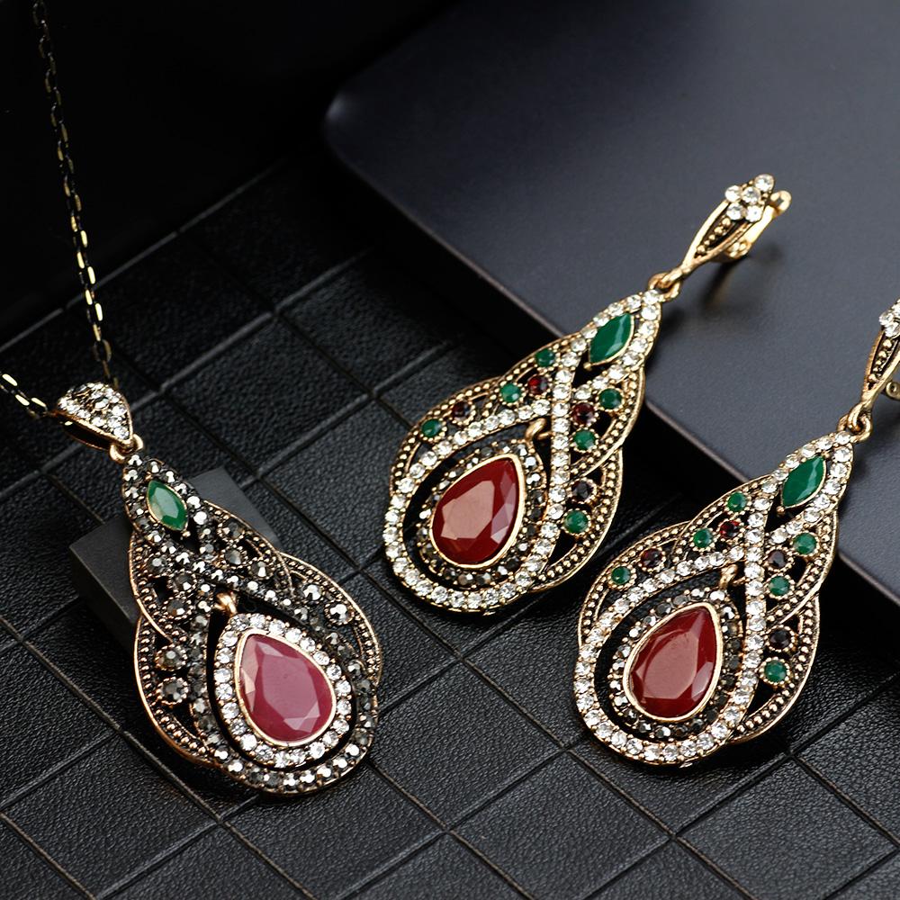 Gold Color Women Long Hook Dangle Earring Water Drop Pendant Necklace Jewelry Sets Antique Resin Ethnic Bijoux