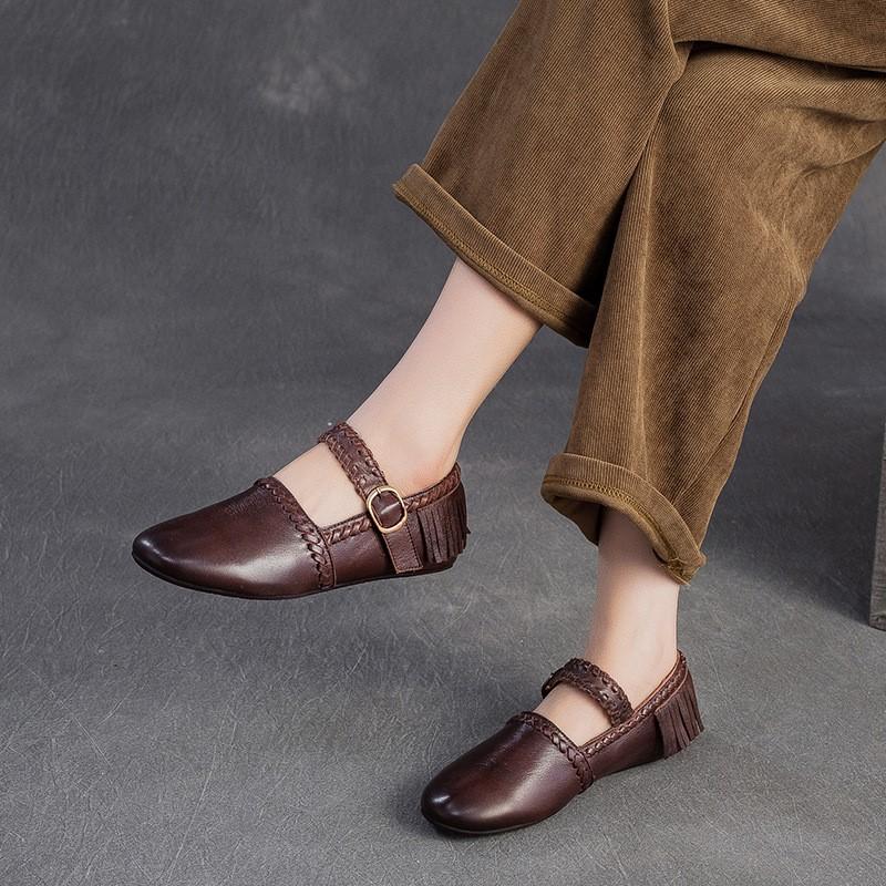 Мода GKTINOO Натуральная кожа Однотонная Пряжка для ремня Женская обувь 2025 Осень Новинка Ретро Универсальная Кисточка Круглый носок Мягкая подошва Балетки