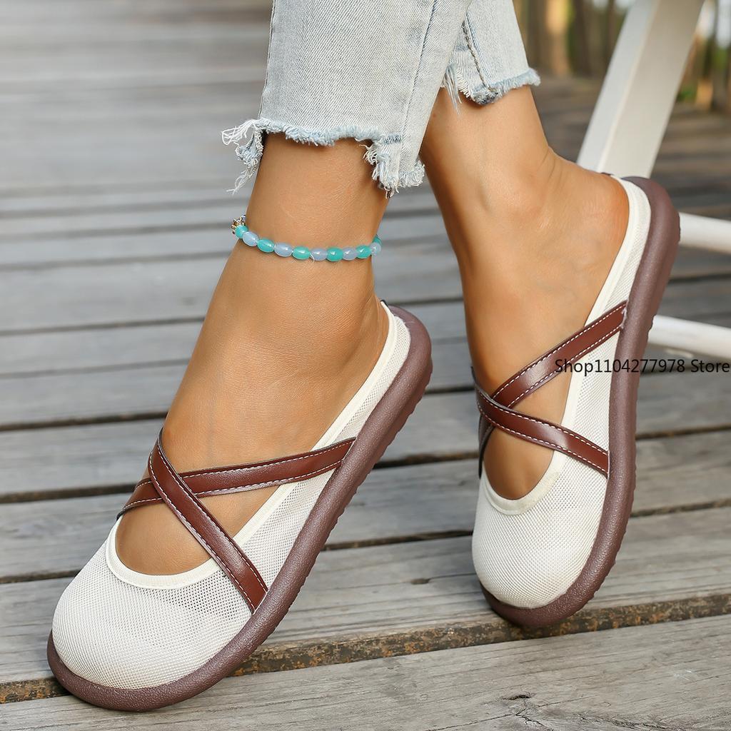 Модные сетчатые тапочки с круглым носком 2025 Лето Новые Женские Модные Повседневные Туфли Балетки Французские С мелким вырезом Женские Туфли Тапочки на плоской подошве