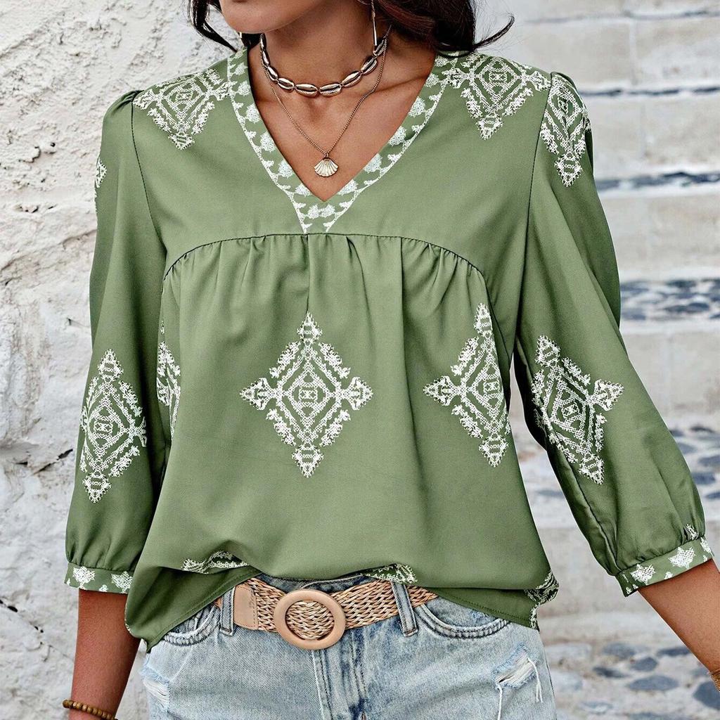 Женский модный повседневный топ с v-образным вырезом и семью рукавами с принтом