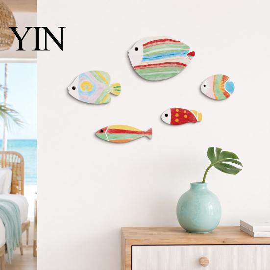 Lightweight Wood Wall Decor 5Pcs Wooden Fish Decor, Rainbow Striped Tropical Ornaments with 3D Children Room Embossed Texture, Coastal Art Hangings