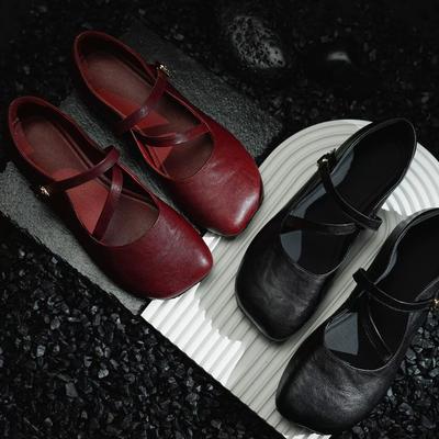 Французские ретро бордовые удобные туфли Мэри Джейн на плоской подошве женские из мягкой кожи с мягкой подошвой с ремешком-пряжкой и маленьким квадратным носком туфли-бини