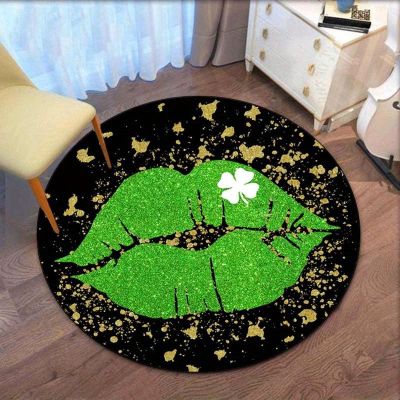 1pc 3D Green Lips Print Outdoor Rug, Crystal Velvet Fabric, Machine Washable, Suitable for Bedroom Living Room Decoration