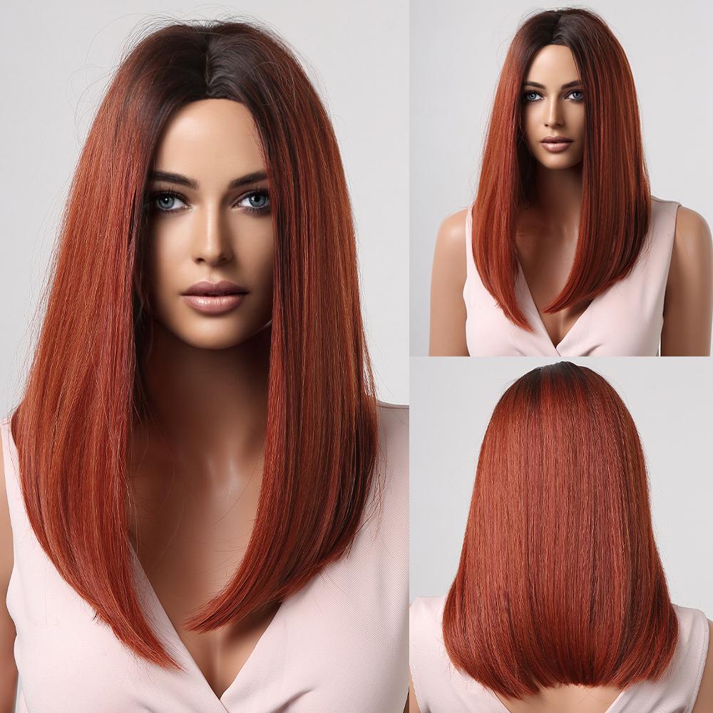 Короткие прямые синтетические парики Рыже-коричневый парик Боб с челкой для женщин Косплей Ежедневный парик из натуральных волос Термостойкое волокно