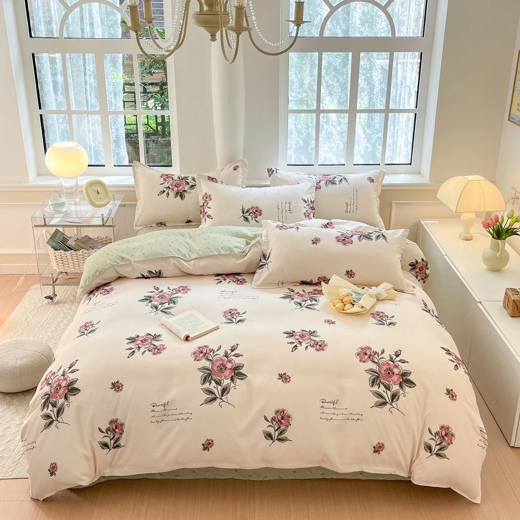 Маленький свежий комплект из четырех предметов из чистого хлопка с потертостями, приятная к коже простыня, пододеяльник из стиранного хлопка, комплект из трех предметов для общежития