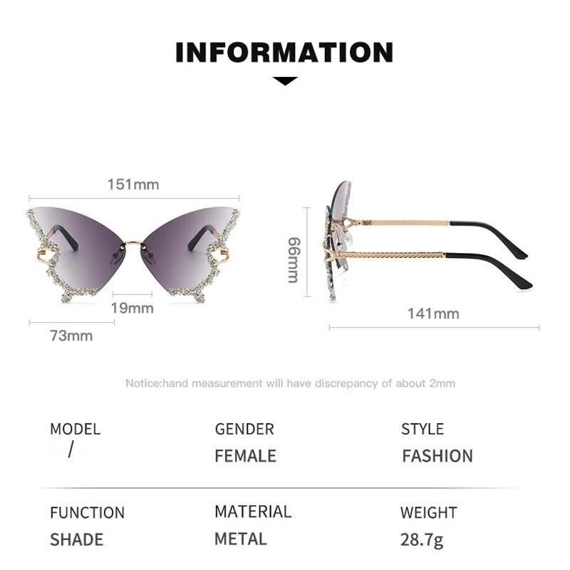 Модные модные солнцезащитные очки в форме бабочки для мужчин и женщин, роскошные дизайнерские солнцезащитные очки с бриллиантами, винтажные сверхлегкие солнцезащитные очки без оправы