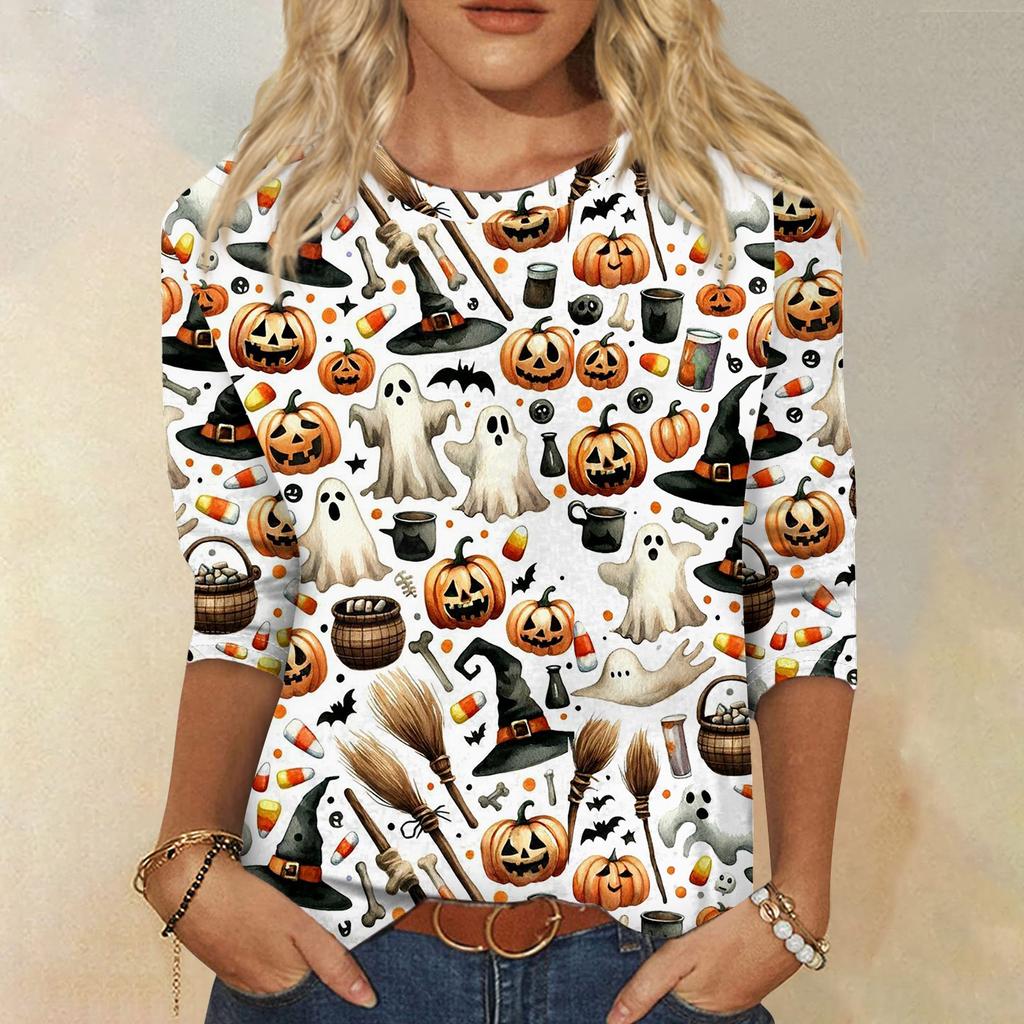 Женская модная повседневная свободная футболка с круглым вырезом и рукавами 3/4 с принтом, женский топ