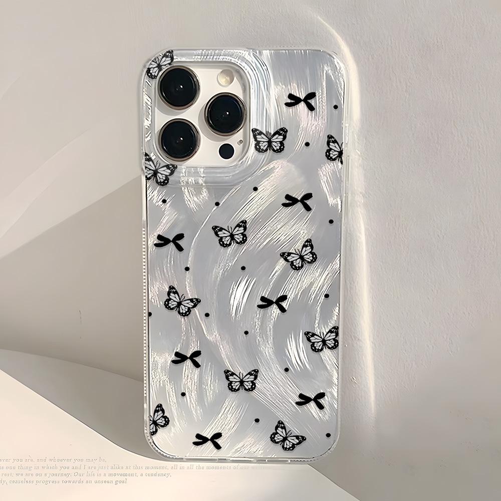 Luxury Laser Silver Bow Phone Case For iPhone 16 Pro Case iPhone 11 13 12 14 15 Pro Max Plus Bowknot Soft Shockproof Cover Funda