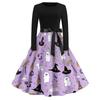 Women's Casual Vintage Halloween Dress Long Sleeve Round Neck Floral Print Retro Style A-Line Midi Dress with Waist Tie for Everyday Wear