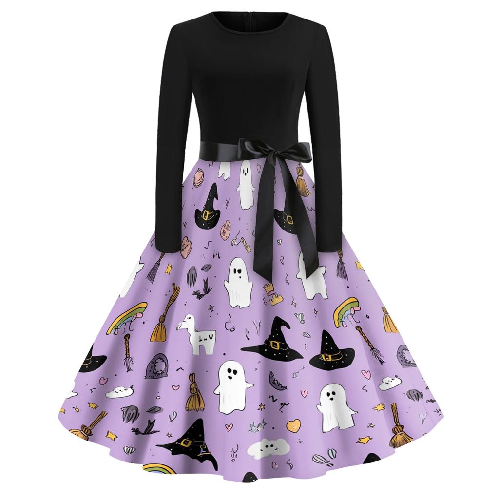 Women's Casual Vintage Halloween Dress Long Sleeve Round Neck Floral Print Retro Style A-Line Midi Dress with Waist Tie for Everyday Wear