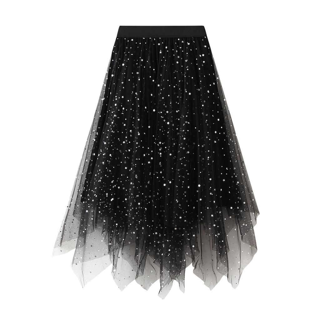 Women Irregular Tulle Tutu Skirt Casual Shiny Star Sequin Elastic Mesh Princess Skirt for Streetwear