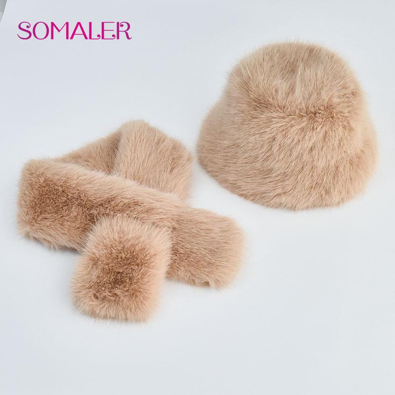 SOMALER Зимняя шапка из искусственного меха, шарф, комплект для женщин и девочек, теплые красочные шапки-ведра с шарфами