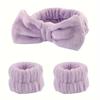 3 Pcs/set Fluffy Hairband Wristband, Solid Color Elastic Absorbent Bow Decor Headband Wristband For Washing Face & Makeup