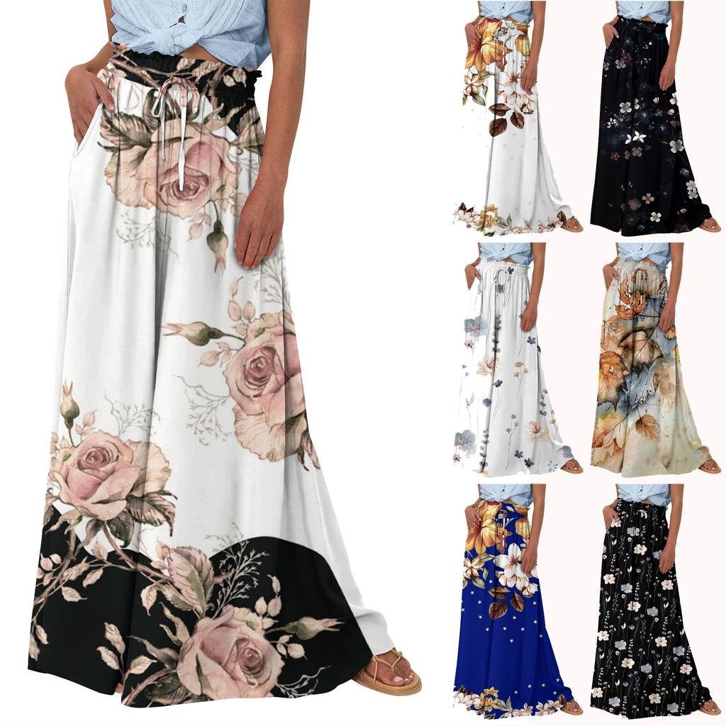 Женские широкие брюки с высокой талией, летние повседневные струящиеся брюки-палаццо, пляжные брюки с цветочным принтом и карманом