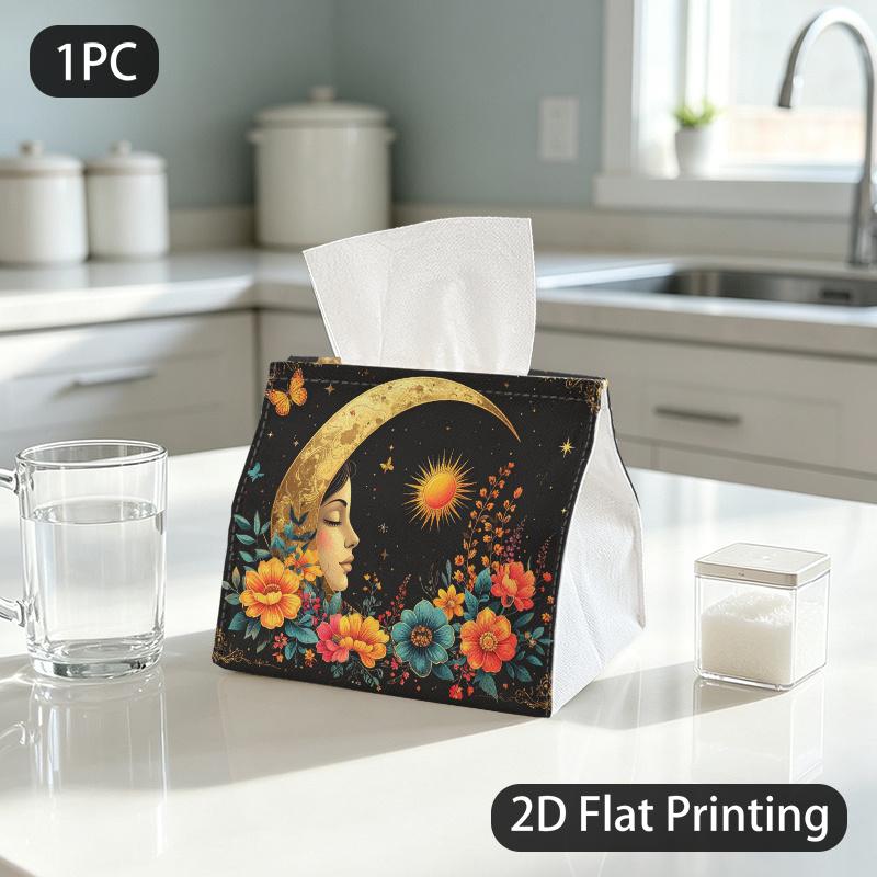 1pc Tissue Box, Mystical Celestial Moon Sun Floral Delicate Pattern, 2D Flat Printing, Polyester Fabric, Easy to Carry, Tissue Container, for Automoti
