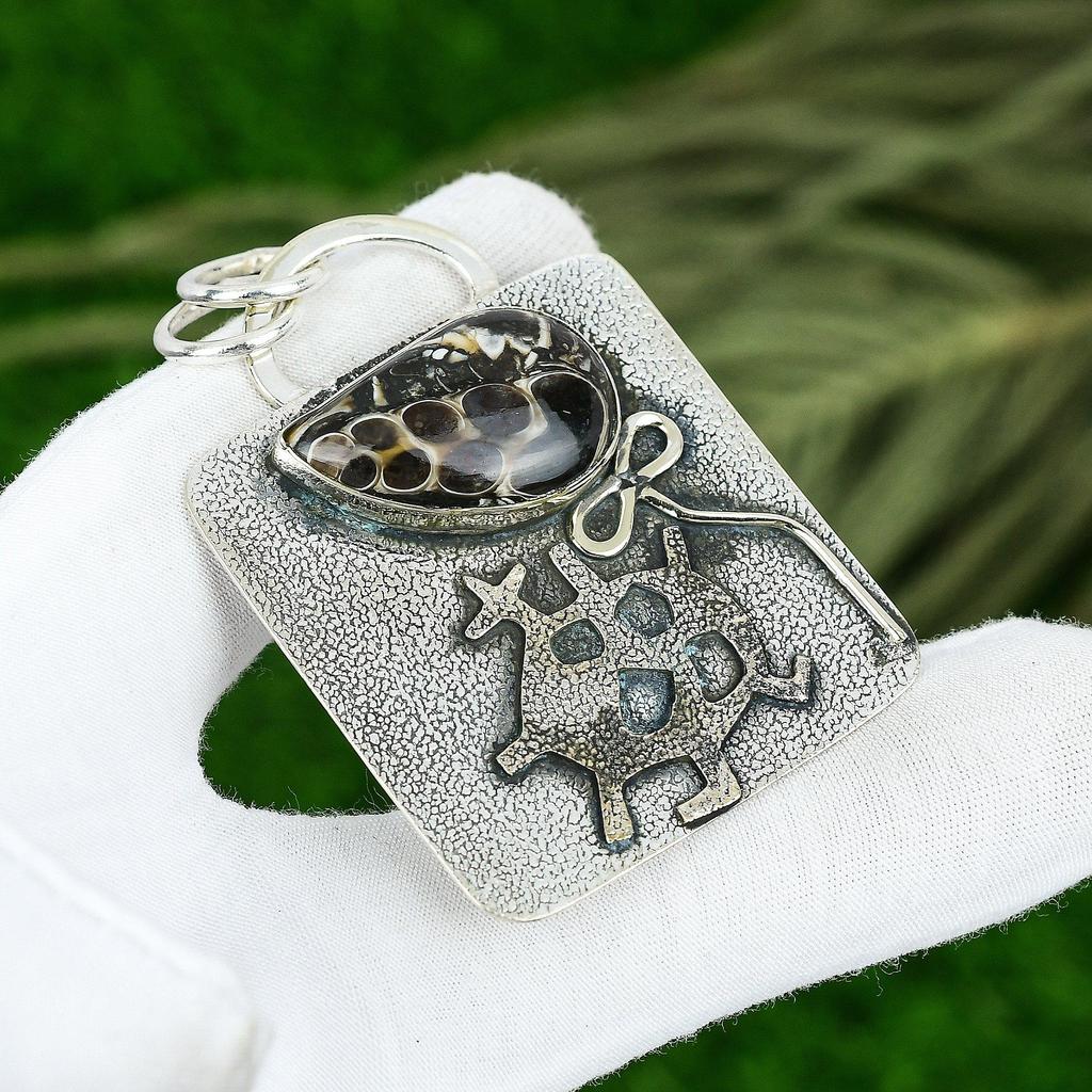 Sisters Day Deal Pear Natural Turritella Agate Bezel Pendant Jewelry 925 Silver