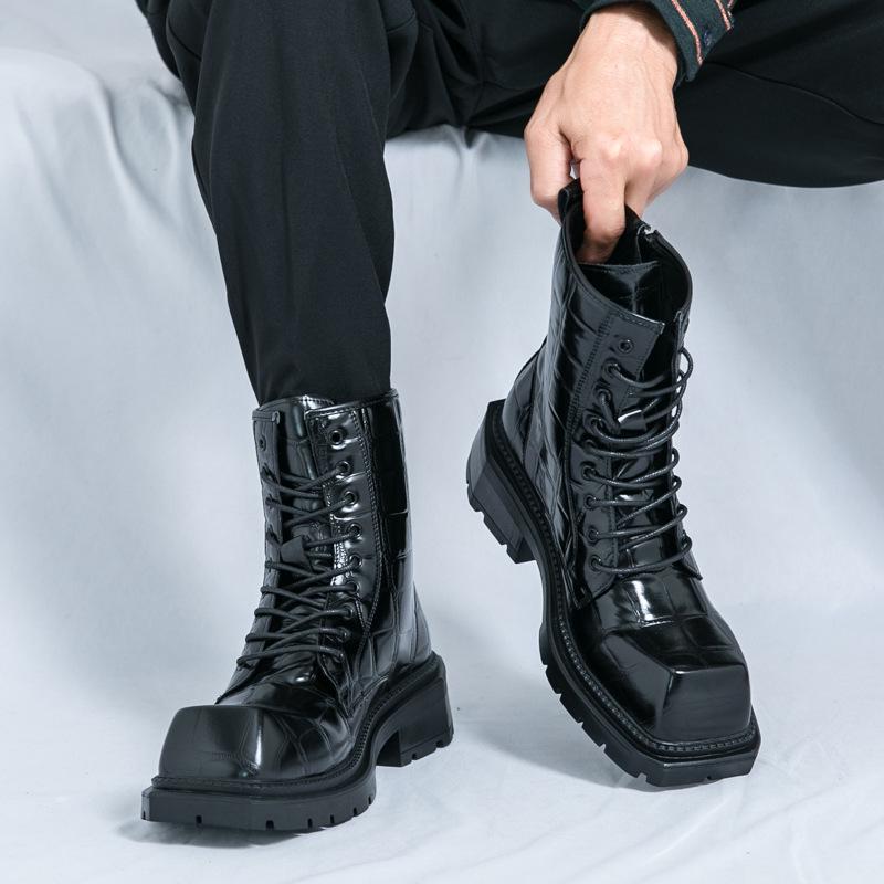 Мужские кожаные ботильоны большого размера с квадратным носком - Британский стиль, формальная и повседневная обувь с высоким верхом