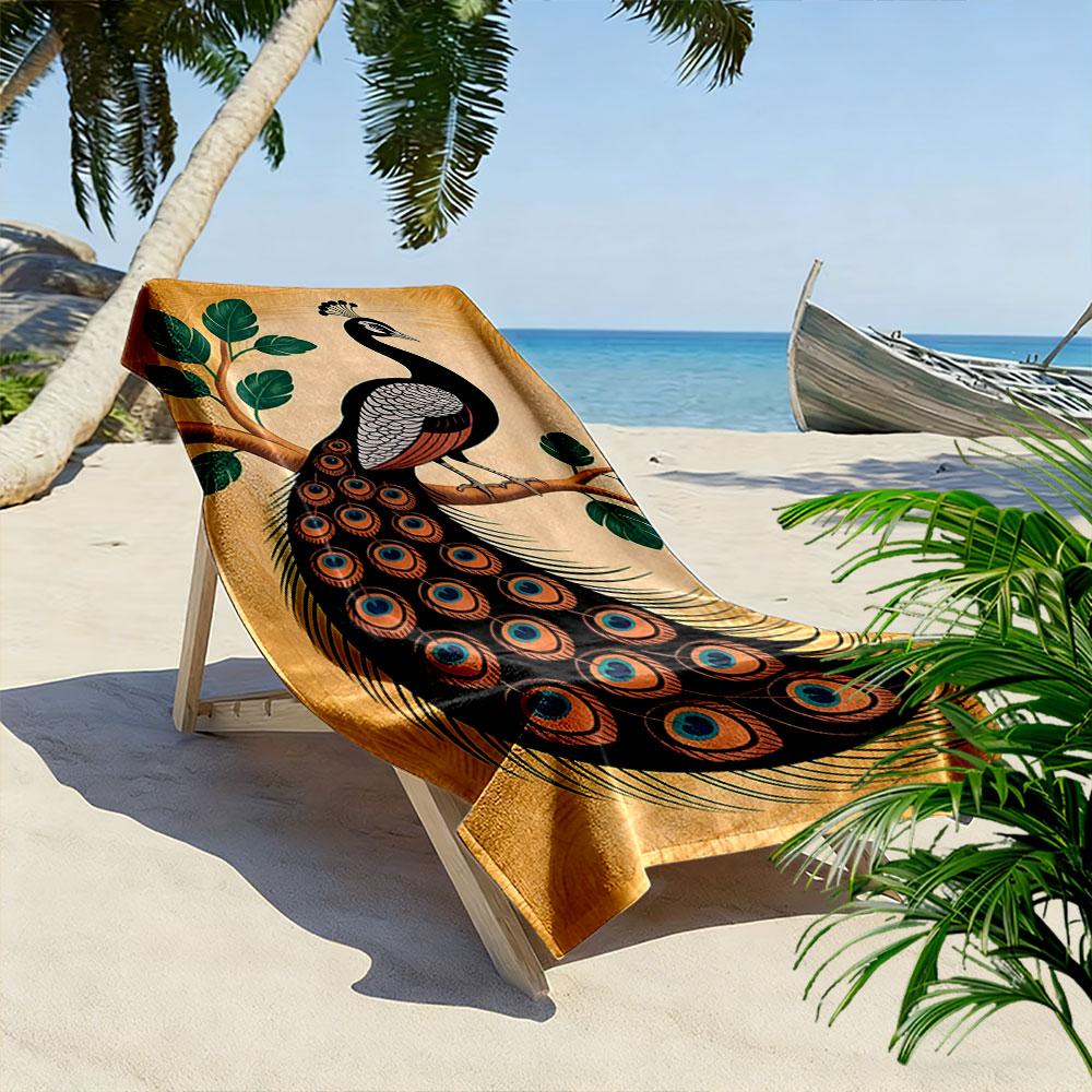 Graceful peacock on branch Print beach towel, quick drying, suitable for travel, outdoor sports, jogging, the beach and swimming, gift