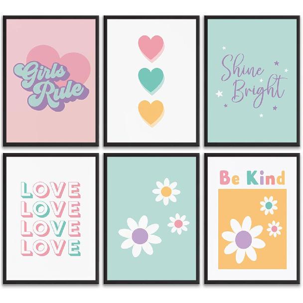 6pcs Colorful Girls Rules Canvas Wall Art Cute Colorful pirational Posters Print Paintings Teen Girls Room Pictures Wall Decor for College Apartment