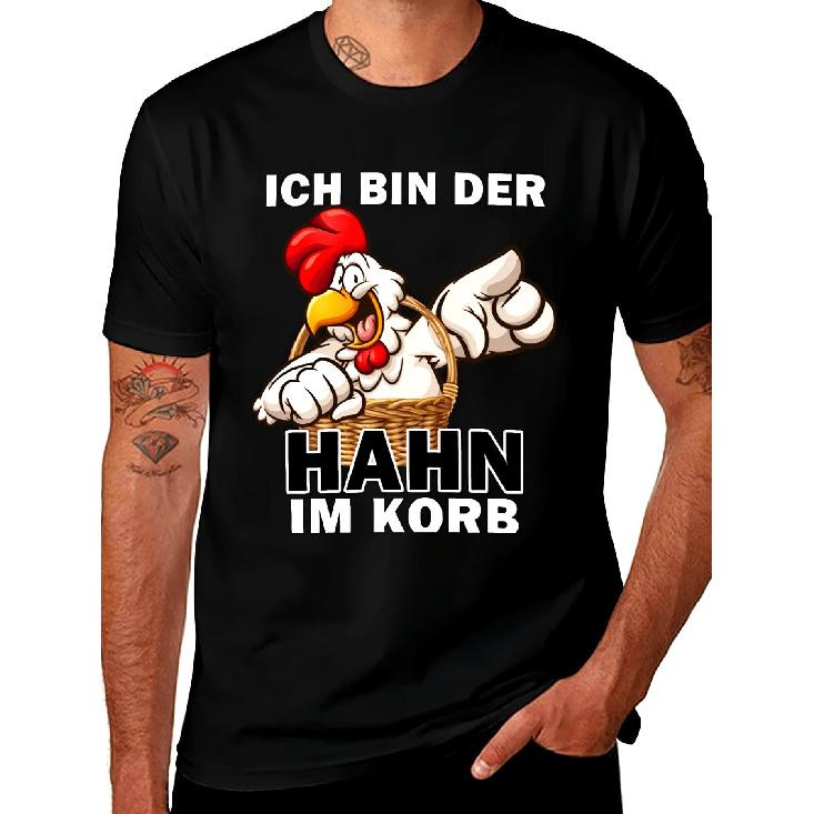 Men'S Funny German Phrase Ich Bin Der Haahn Im Korb Rooster In Basket T Shirt Oversized Black Casual With Quote Cartoon Chicken Design Round Neck For