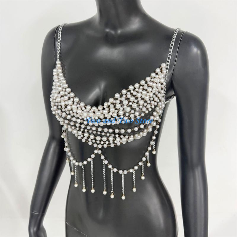 HX6F Multi Layer Plastic Pearls Chest Jewelry Adjustable Handcrafted Layered Body Chain For Casual Outfits And Event