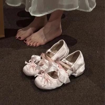 Женские розовые балетки Мэри Джейн с бантом, толстым каблуком, круглым носком, мягкие туфли для вечерней носки
