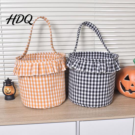 Versatile Household Storage Halloween Basket Plaid Ruffle Trick or Treat Candy Bucket with Handle Celebration