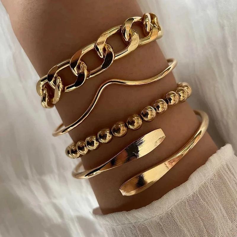 4pcs Punk Curb Cuban Chain Bracelets Set for Women Simple Thick Gold Color Charm Bracelets Fashion Zircon Accessories New