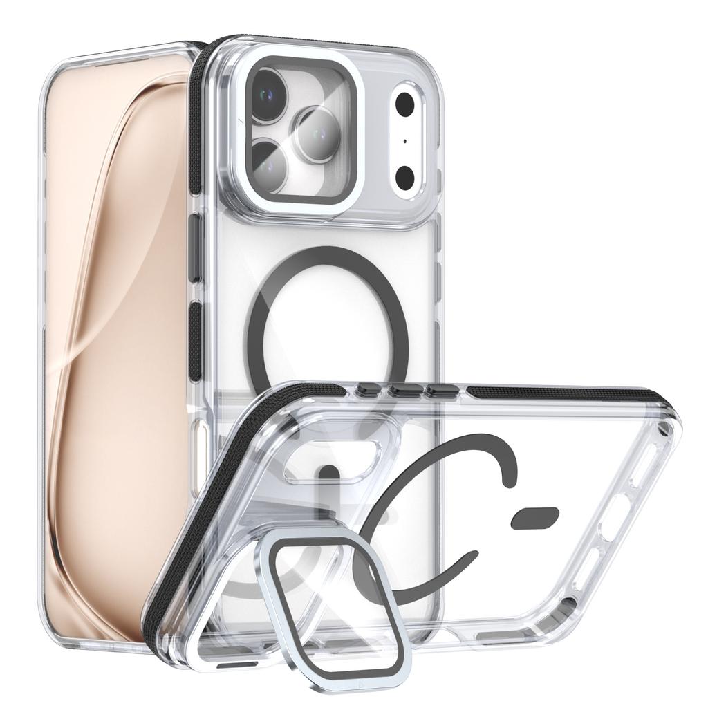 For iPhone 17 Pro Magnetic Case TPU Acrylic Clear Phone Back Cover with Lens Protector Kickstand