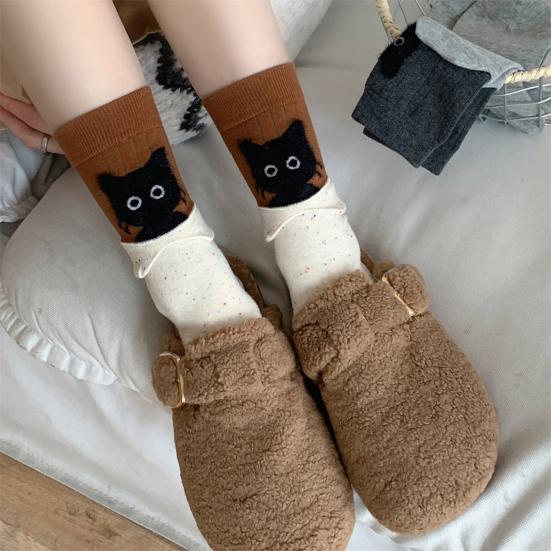 1 Pair Cartoon Cat Socks Autumn Winter Moisture Wicking Knitted Mid-calf Stretch Men Women Kitten Socks Sports Casual Cotton Crew Socks