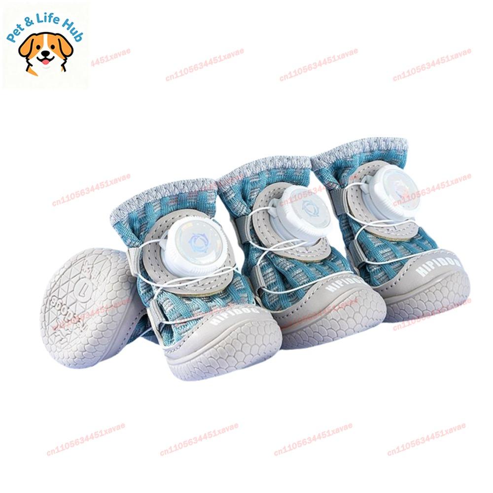 4Pcs/Set Outdoor Mesh Button Dog Shoes Summer Breathable Reflective Anti-slip Dogs Footcovers Soft Sole Comfortable Dog Footwear