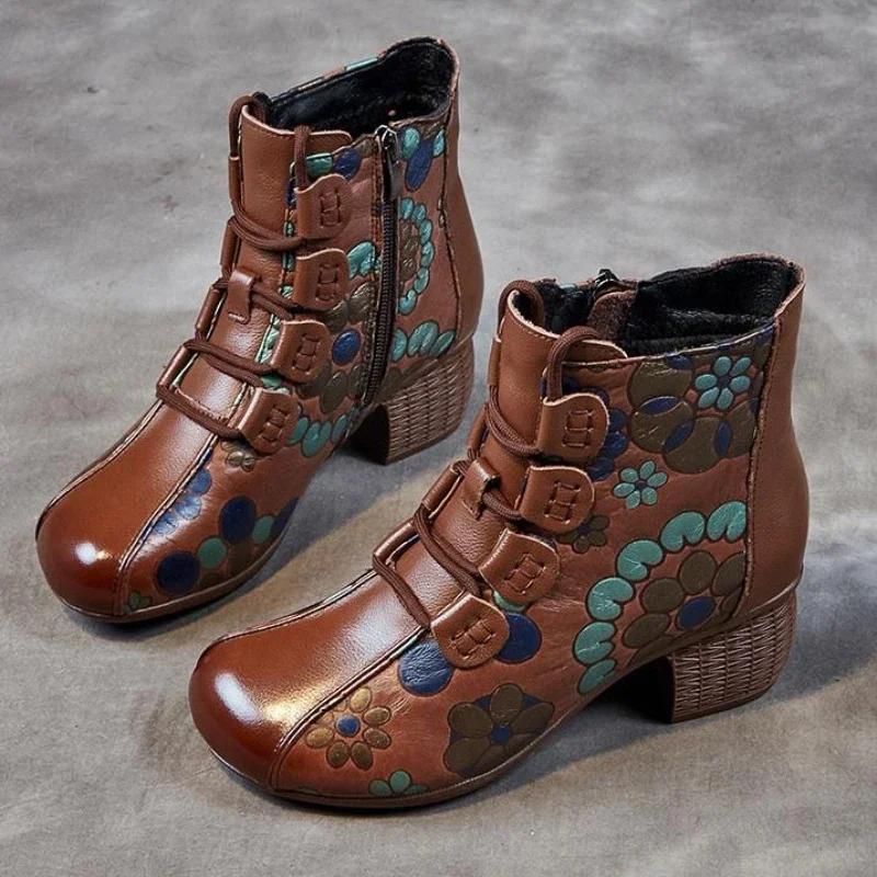 Мода 2024 года, новые осенние и зимние теплые туфли из натуральной кожи, женские ботинки с круглым носком, принтом, молнией в стиле ретро, ботинки для отдыха на платформе