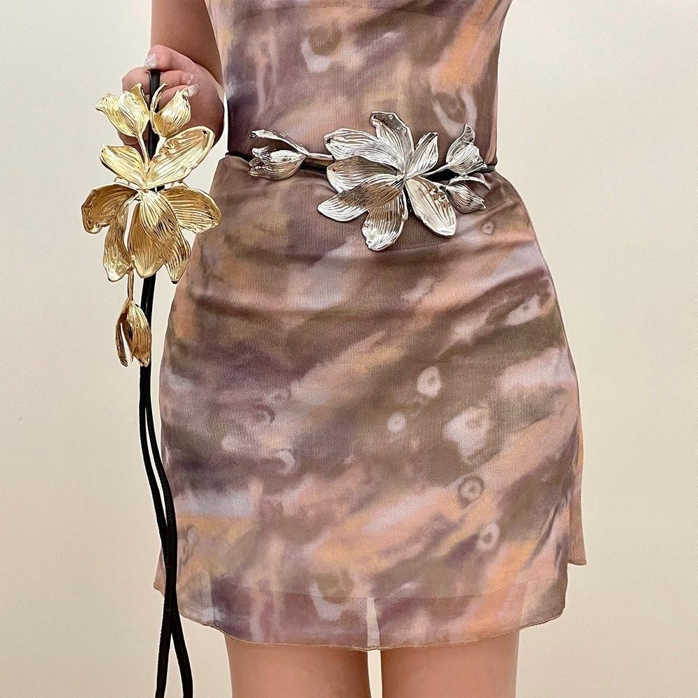 Zinc Zinc Alloy Golden Tulip Belt Adjustable Exaggerated Belt Long Metal Flower Waist Chain Party