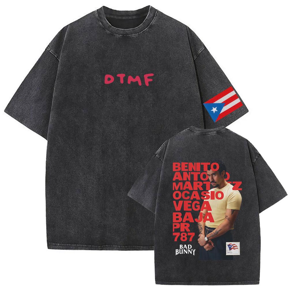 Футболка с винтажной стиркой и лицом рэпера Bad Bunny Debi Tirar Mas Fotos DTMF World Tour Футболки Мужская Мода Хип-Хоп Футболки