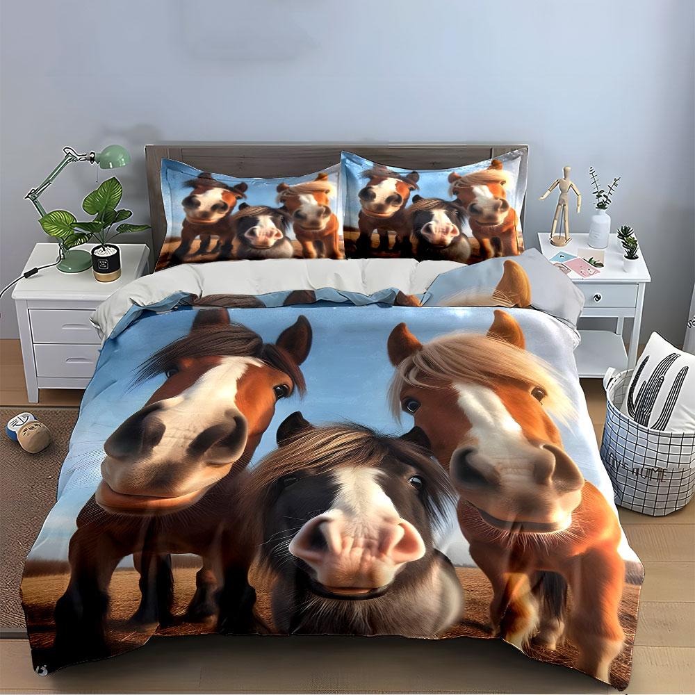 Three Cute Horses Close-Up Print Bedding Duvet Cover Set (1*Duvet Cover 2*Pillowcases, without duvet insert)