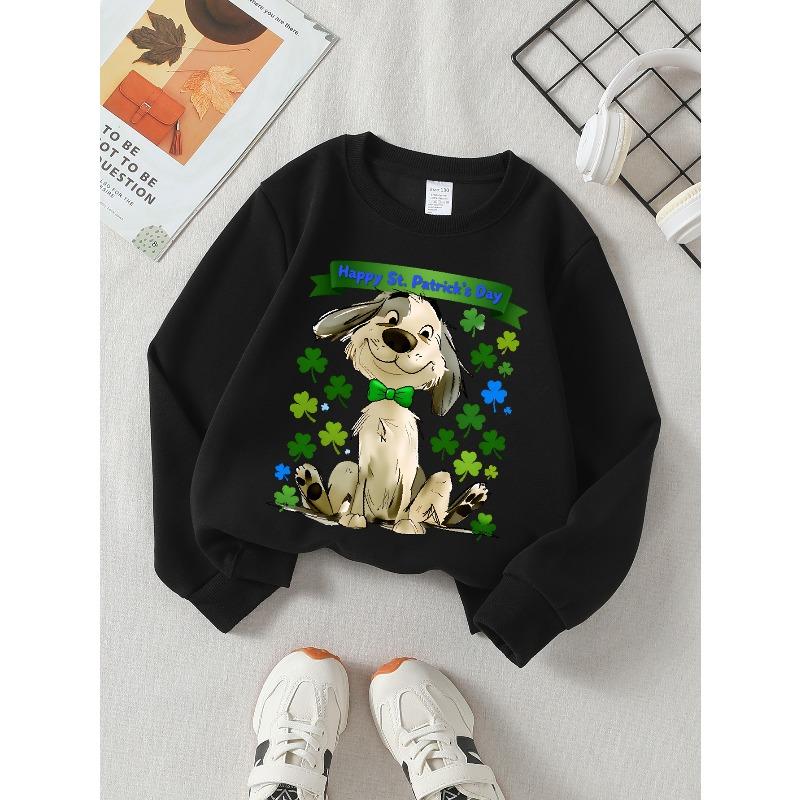 Happy St Patrick Dog Clover Green 2026 New Girls' Long-sleeve Casual Crewneck Sweatshirt, Suitable for Outdoor Sports