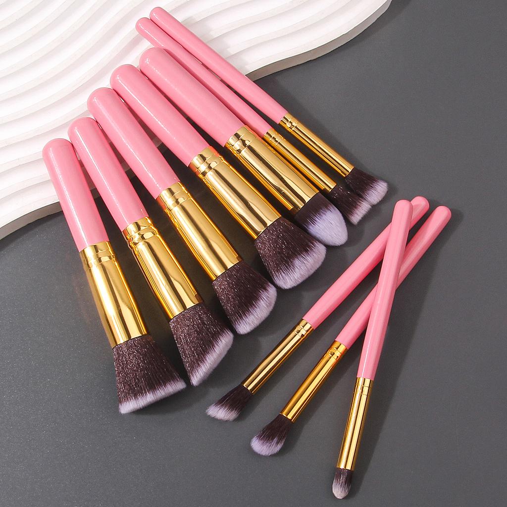 10Pcs Pink Wooden-handled Makeup Brush Set, Including Foundation Brush, Blush Brush, Eyeshadow Brush and Highlight Brush