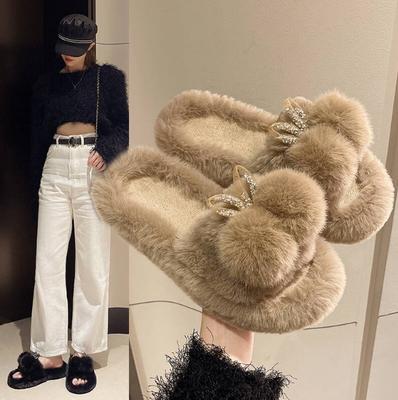 Тапочки Мао Мао женские милые помпон бант для улицы 2025 осень и зима новинка интернет-знаменитость толстая подошва теплые хлопковые тапочки