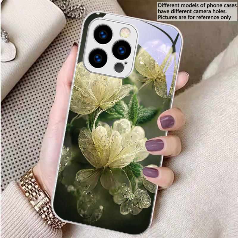 Розовый Хрустальный Цветок Для iPhone 16 E 15 14 13 Plus 12 mini 11 Pro Max XR Xs Max X 7 8 Plus 6 6S 22 Закаленное Стекло Чехол для Телефона