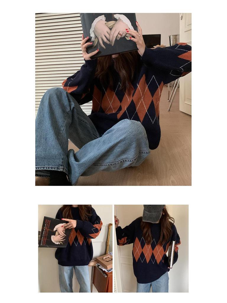 Трендовый женский свитер с ромбовидным узором 2023 - Осенне-зимний ленивый шик, возвышенный дизайн