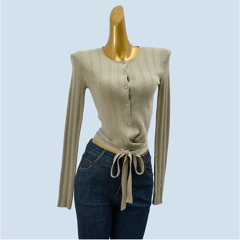 Irregular Bandage Knitted Six Fleece Cardigan Women 2025 Early Autumn New Advanced Western Style Design Sense Top