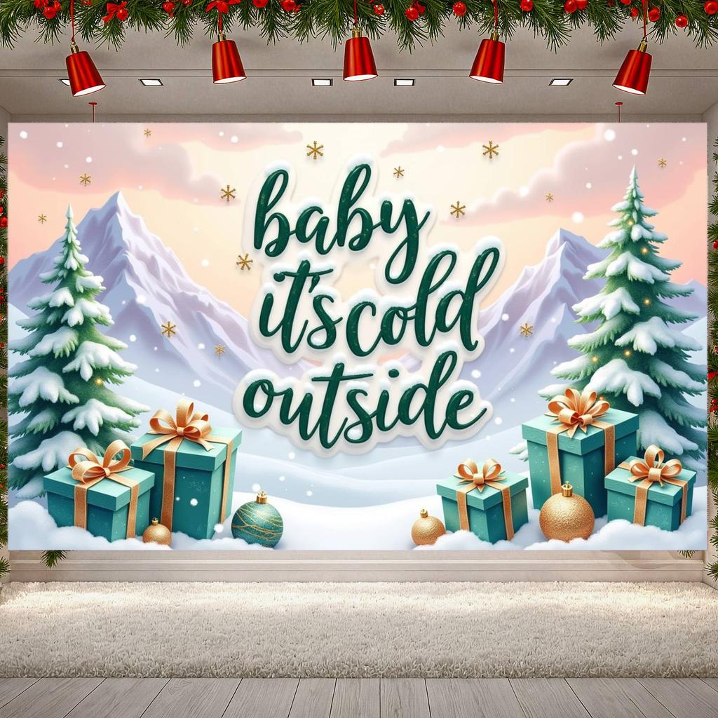 Cold Outside Banner Gift Box Winter Backdrop Christmas Backdrop Green Lettering Xmas Banner For Holiday Celebration Christmas