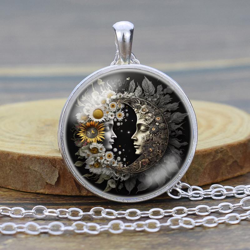 Moon and Sun Glass Cabochon Pendant, Moon and Sun Necklace, Moon Sun Jewelry for Women