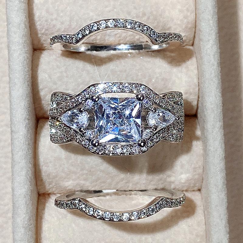 Благородный женский обручальный комплект колец с блестящим фианитом великолепный комплект из 3 колец для невесты изысканные высококачественные аксессуары для женщин