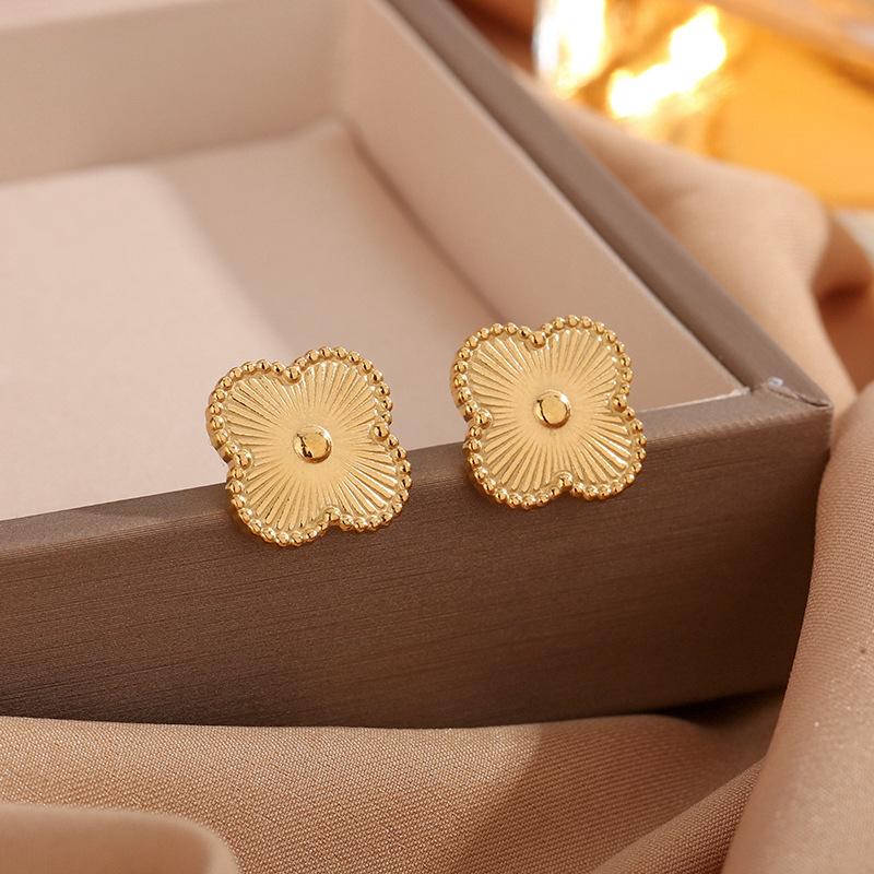 Titanium Steel Gold Four-leaf Clover Stud Earrings, Lucky Four-leaf Clover Five-flower Earrings