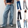 Women's Retro Low Waist Straight Leg Jeans - Washed Denim Wide Leg Pants for Autumn