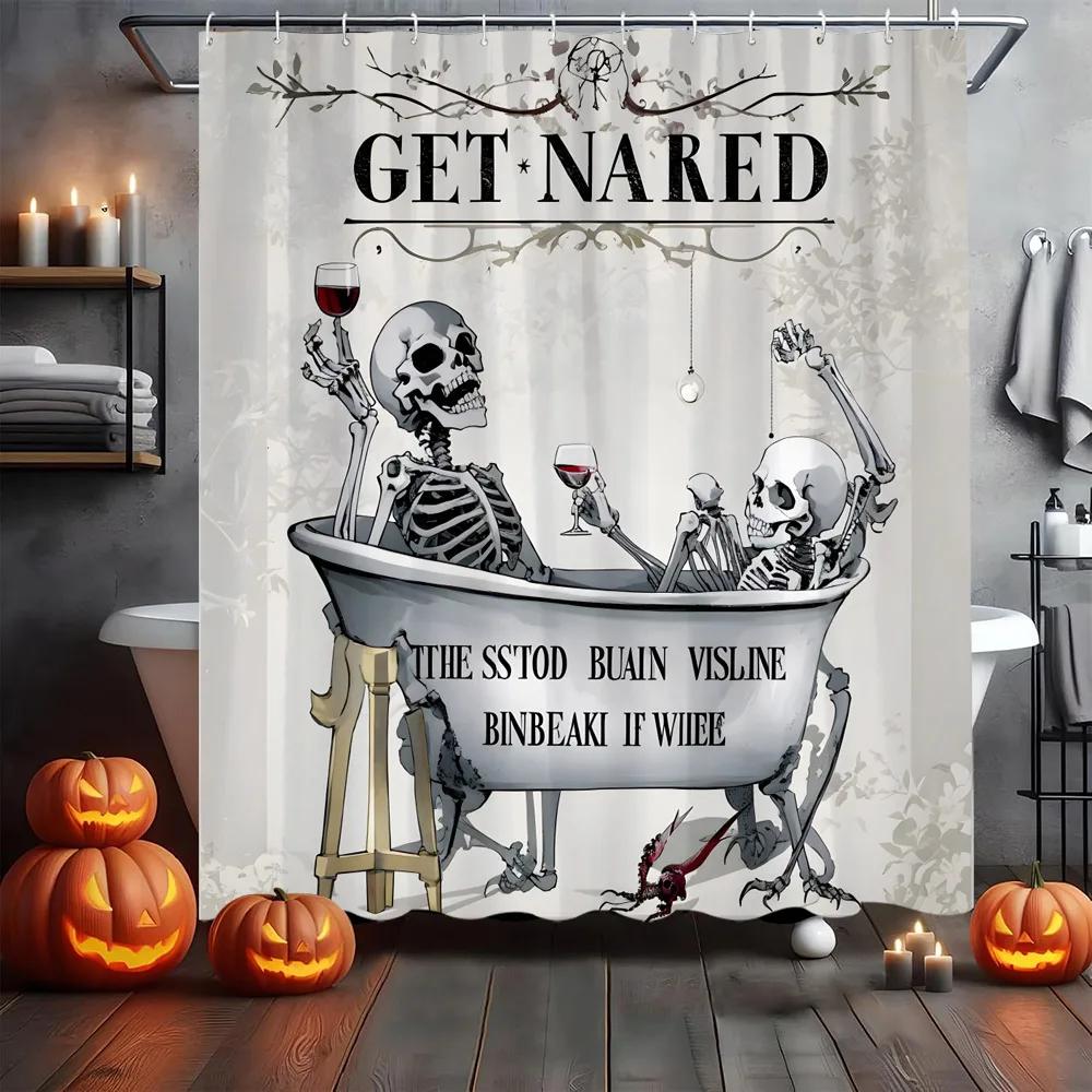 Gothic Skull Skeleton Shower Curtain Halloween Vintage Spooky Funny Black Rose Bone in Bathtub Retro Floral Unique Bathroom Deco