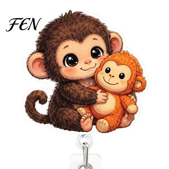 Easy Pull Keychain for Office Retractable Badge Holder, Cute Monkey Pattern Print 360 Degree Rotating Work Holder Clothing Clip, Acrylic Telescopic