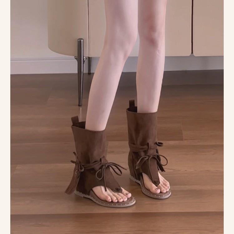 Винтажные универсальные ботильоны с круглым носком и бахромой на каблуке, с открытым носком, крутые нишевые западные ботинки, ремешок, носок "елочка", римские сандалии женские